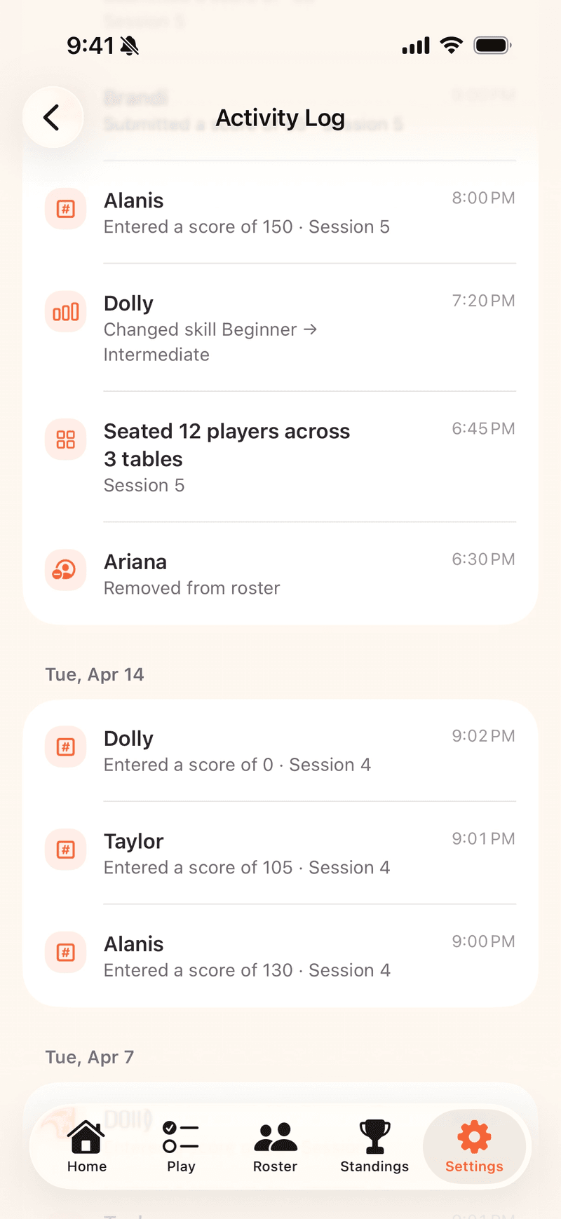 Mahjboard activity log — a timeline of every score and roster change