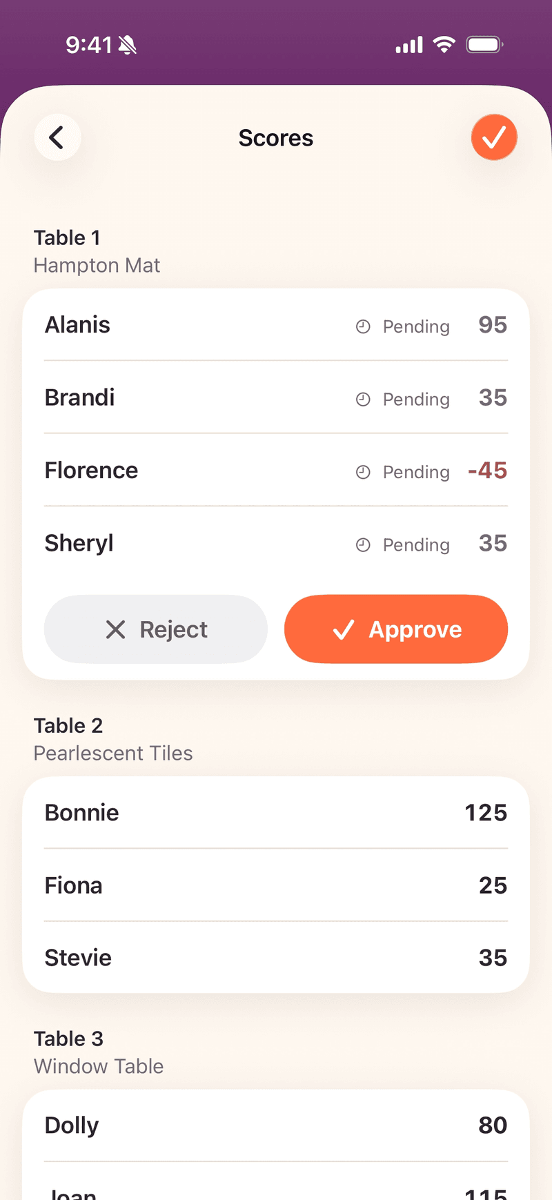 Mahjboard score approvals — a whole table's submitted scores pending review, approved or rejected in one go
