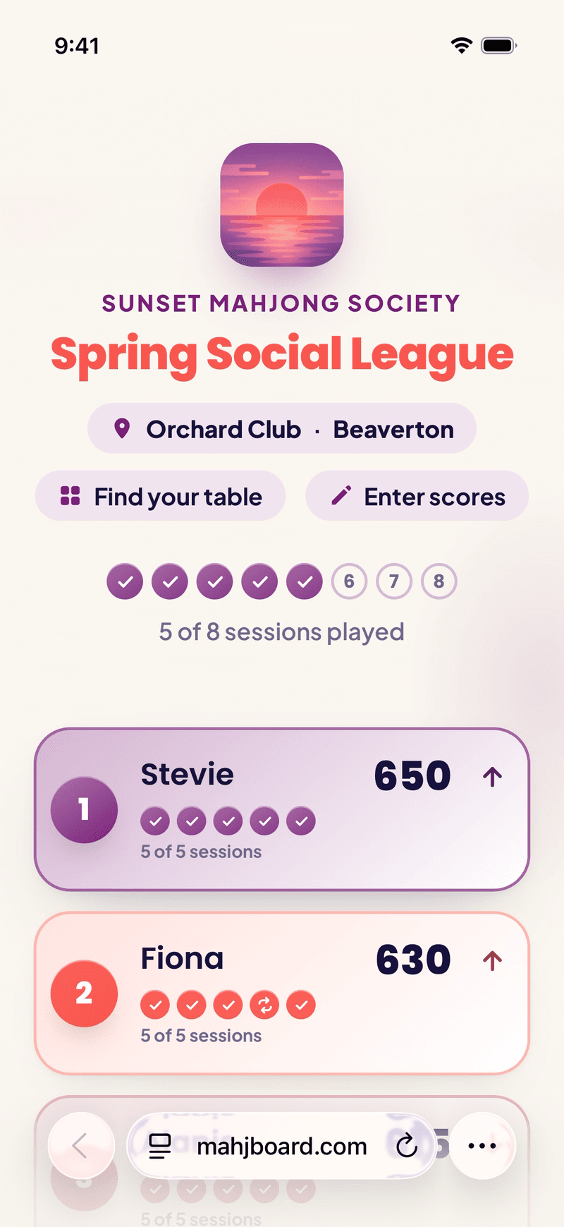 The league's public leaderboard open in a player's phone browser — no app, no account, the live board straight from the link