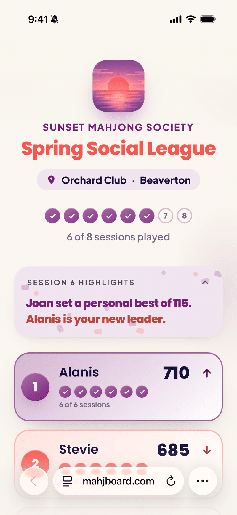 The public leaderboard open in a player's phone browser, a strip of the week's highlights sitting above the standings