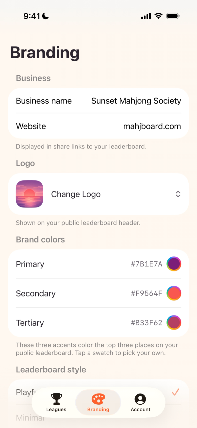 Mahjboard branding screen — set your business name, website, logo, and brand colors