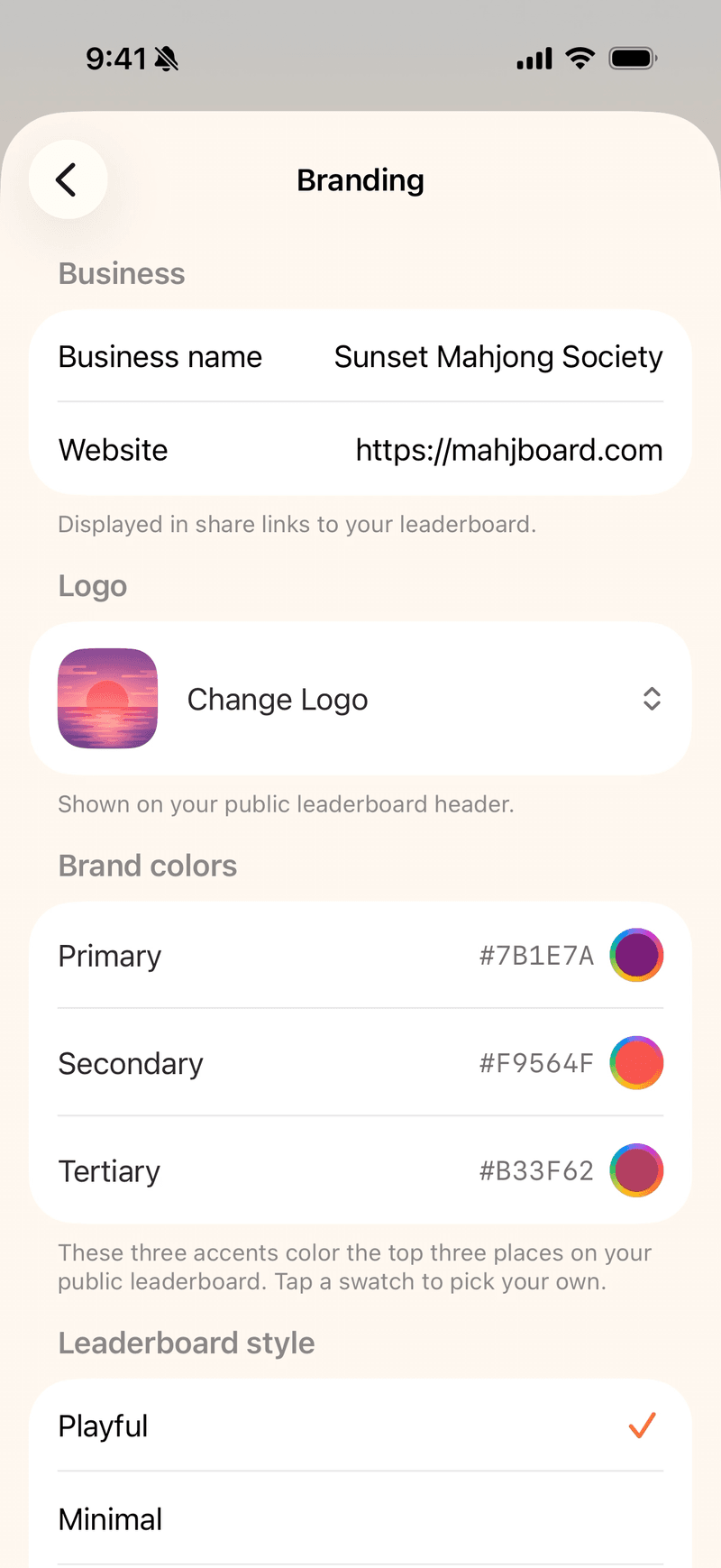 Mahjboard branding screen — set your business name, website, logo, and brand colors