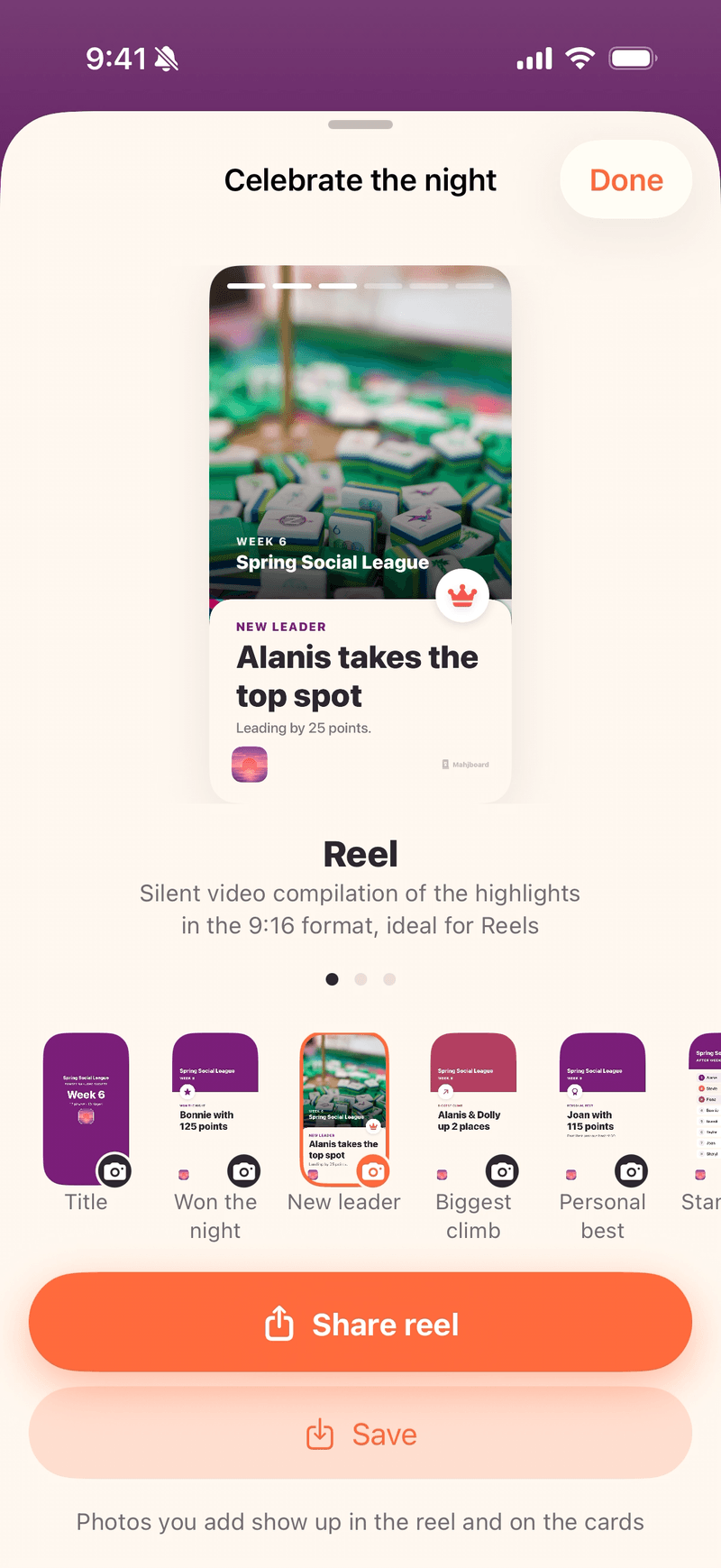 Mahjboard's Celebrate the night sheet — a Reel preview of the week's new leader, with the highlight cards to include listed below