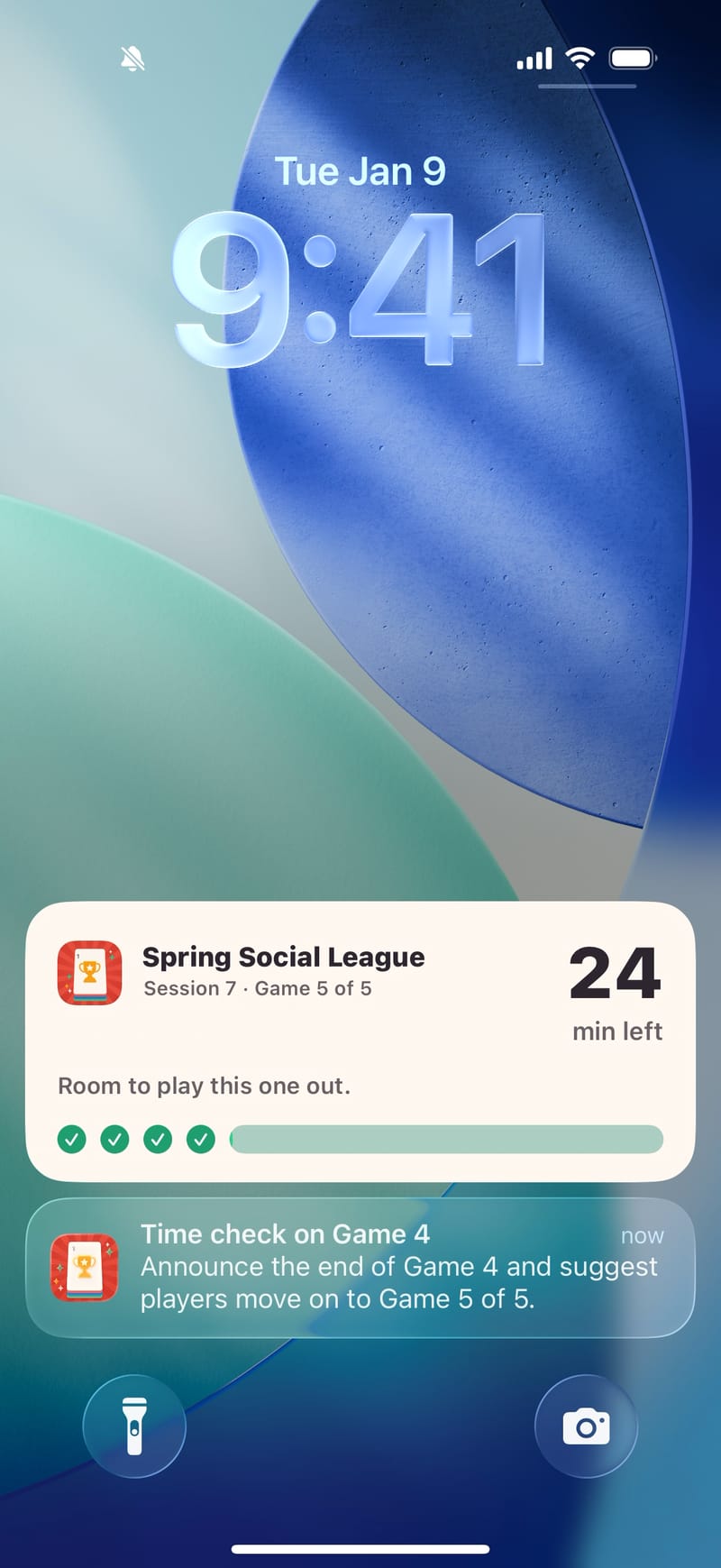 Mahjboard's pacing timer on an iPhone lock screen — 24 minutes left on the last game, with a nudge to wrap up game four
