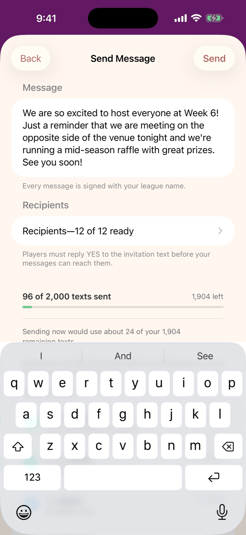 Mahjboard message composer — a league-wide text ready to send, with the recipient count and the month's remaining text allowance