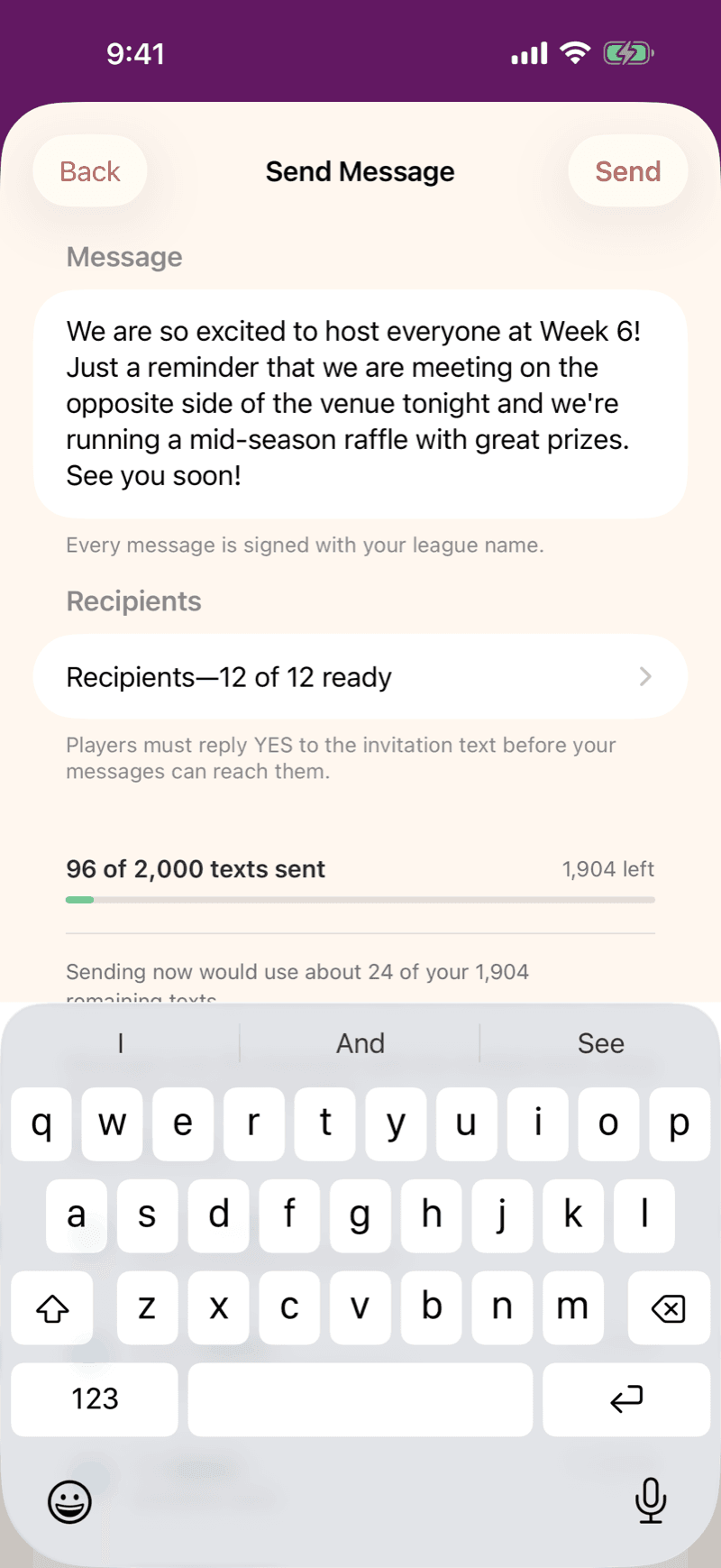 Mahjboard message composer — a league-wide text ready to send, with the recipient count and the month's remaining text allowance