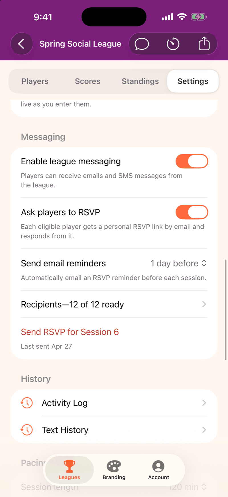 Mahjboard league settings — league messaging on, players asked to RSVP, and an email reminder set for one day before each session