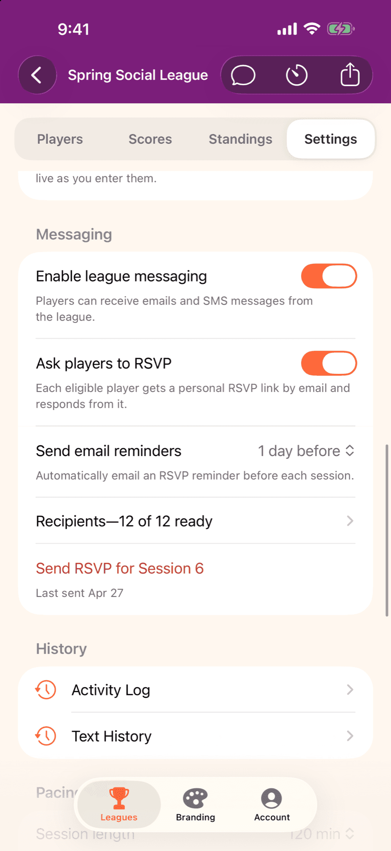 Mahjboard league settings — league messaging on, players asked to RSVP, and an email reminder set for one day before each session