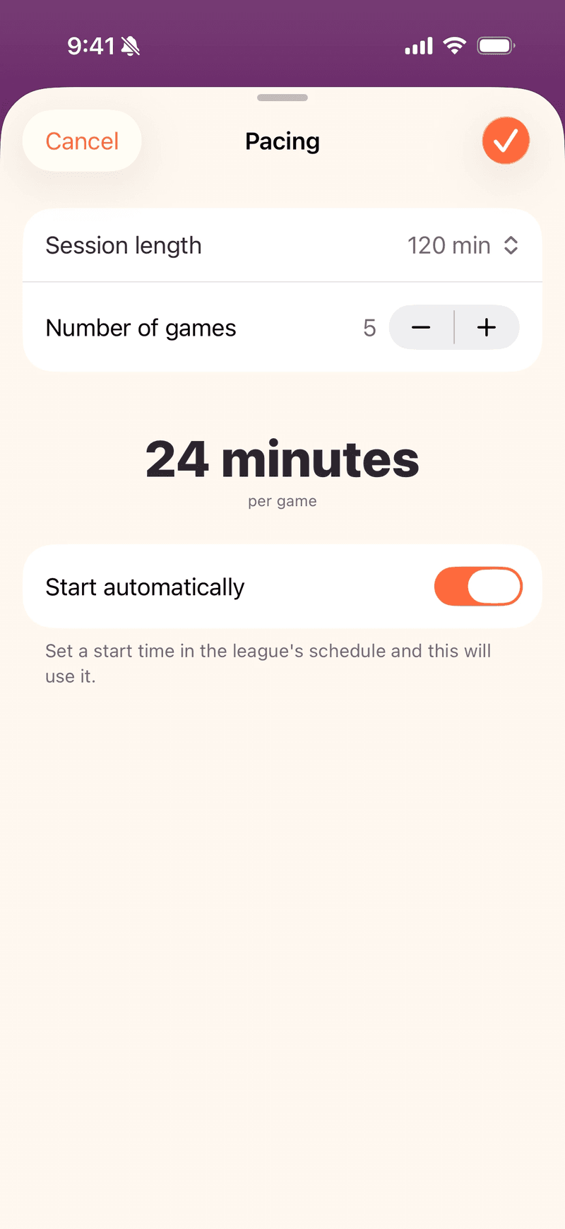 Mahjboard pacing — session length and number of games, working out to 24 minutes each, with timers set to start automatically