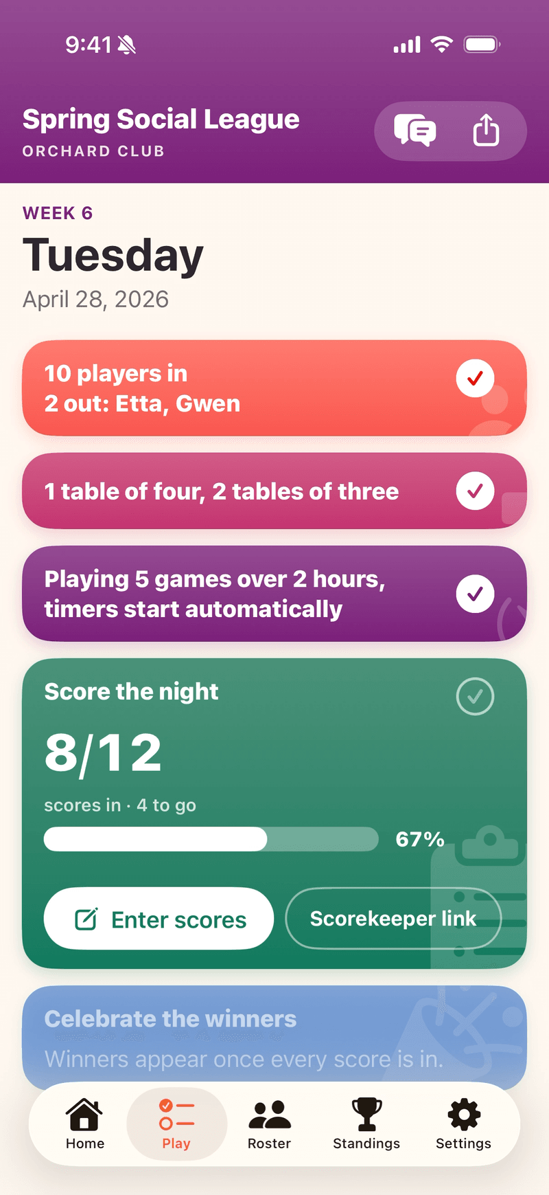 The same night further along — the finished steps folded down to one-line summaries, with Score the night open at 8 of 12 scores in