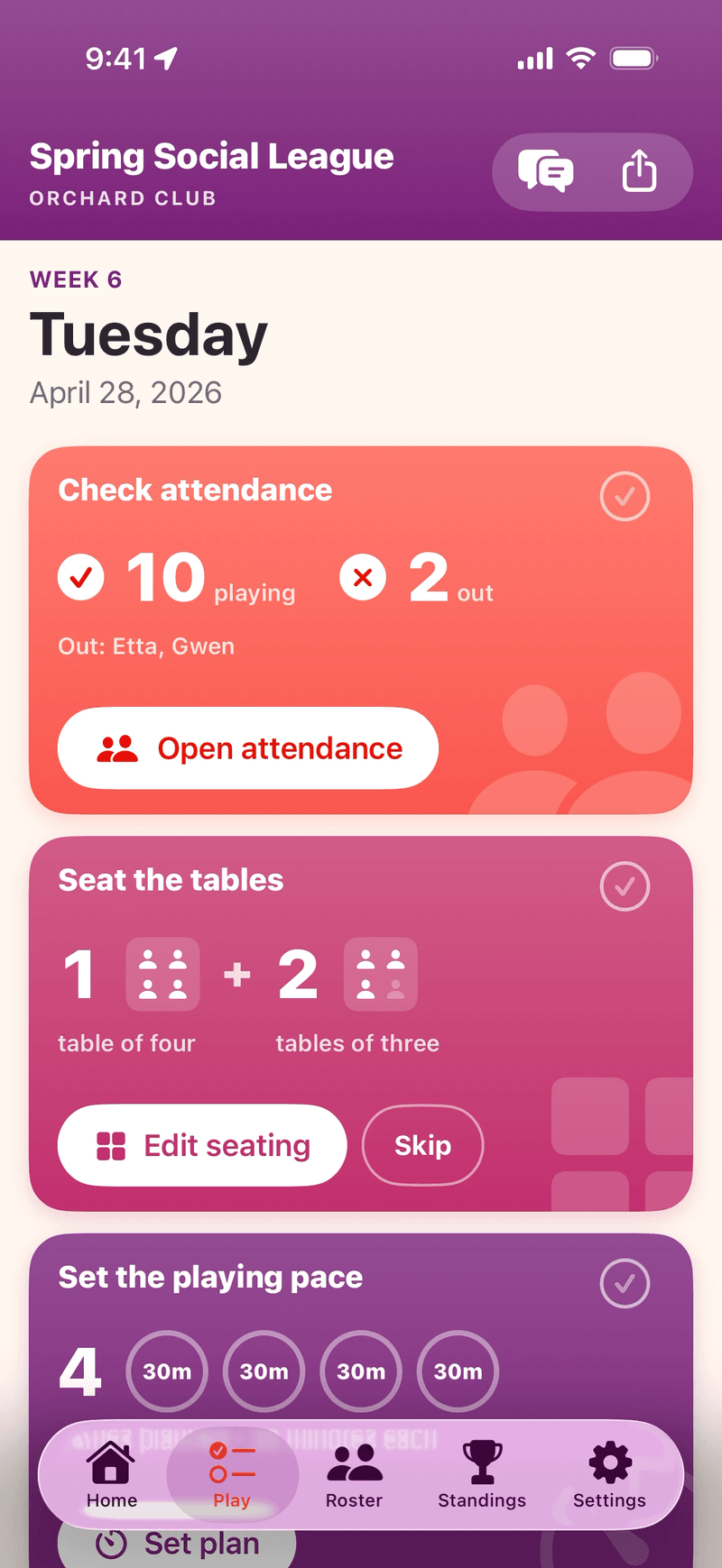 Mahjboard's Play hub at the start of a league night — Check attendance, Seat the tables, and Set the playing pace, each an open card with its own action