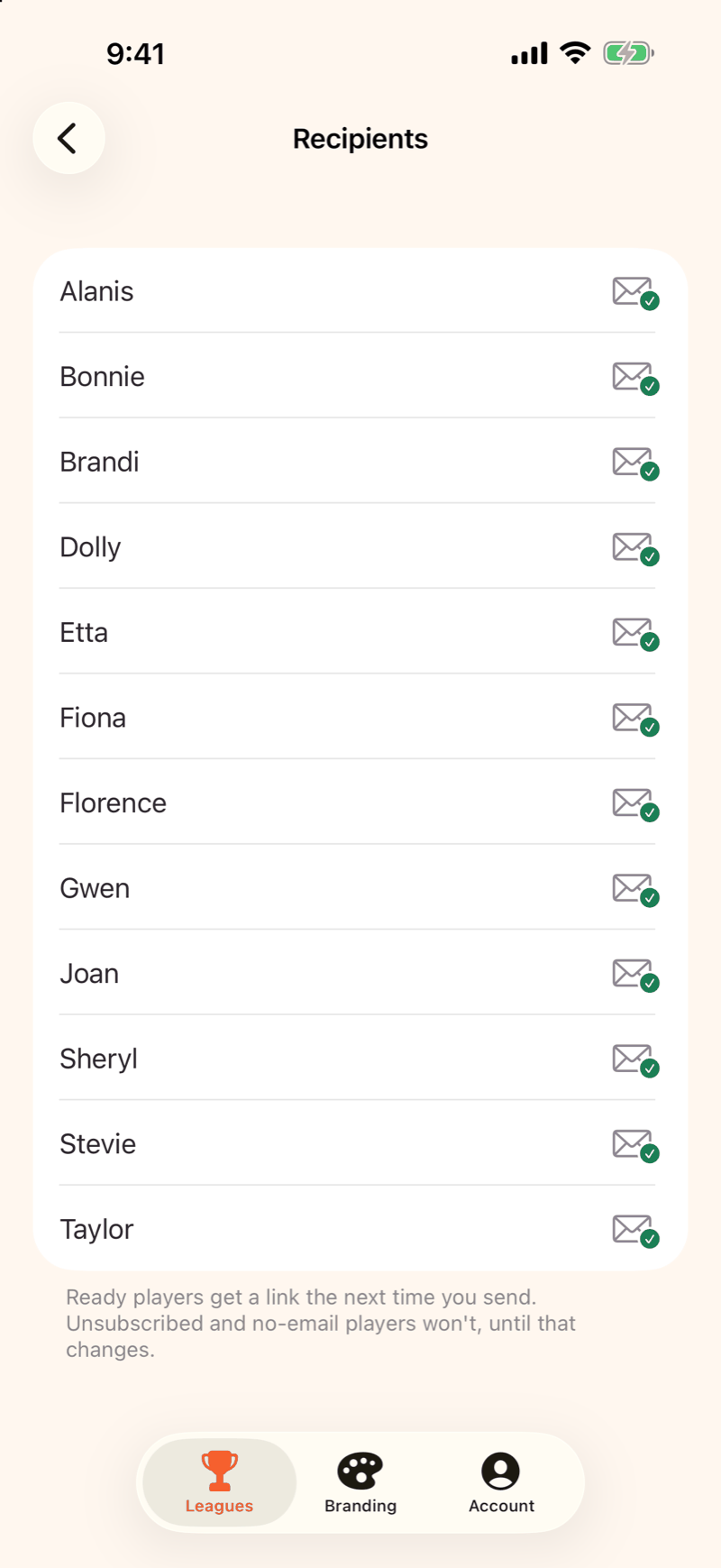 Mahjboard recipients list — all twelve players marked ready to receive email
