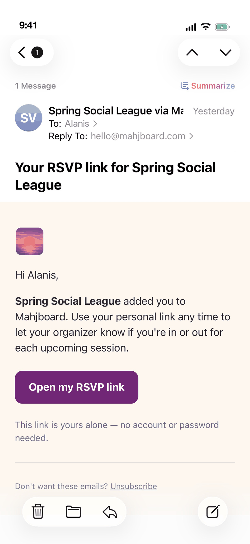 The RSVP email a player receives — the league's own name and colour, and a button that opens their personal RSVP link