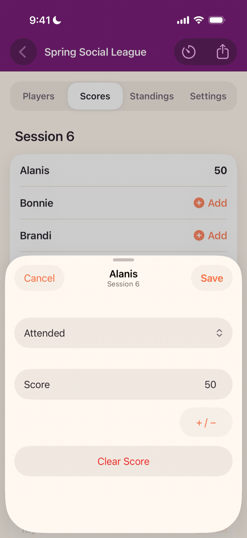 Mahjboard score-entry screen — entering one score per player for a session