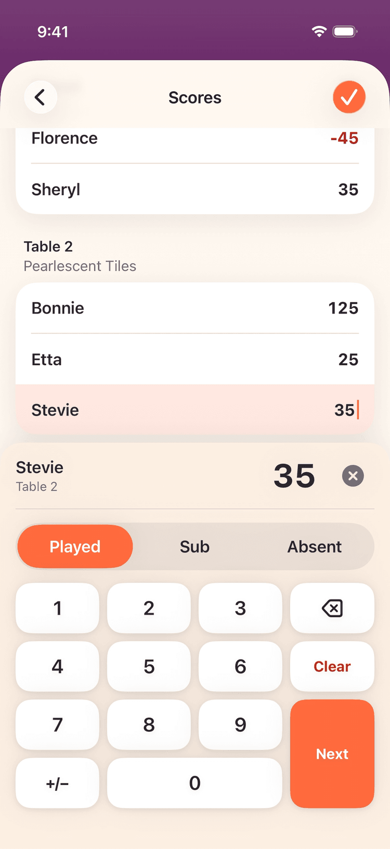 Mahjboard score entry — a table's four players with a number pad, each marked played, sub, or absent