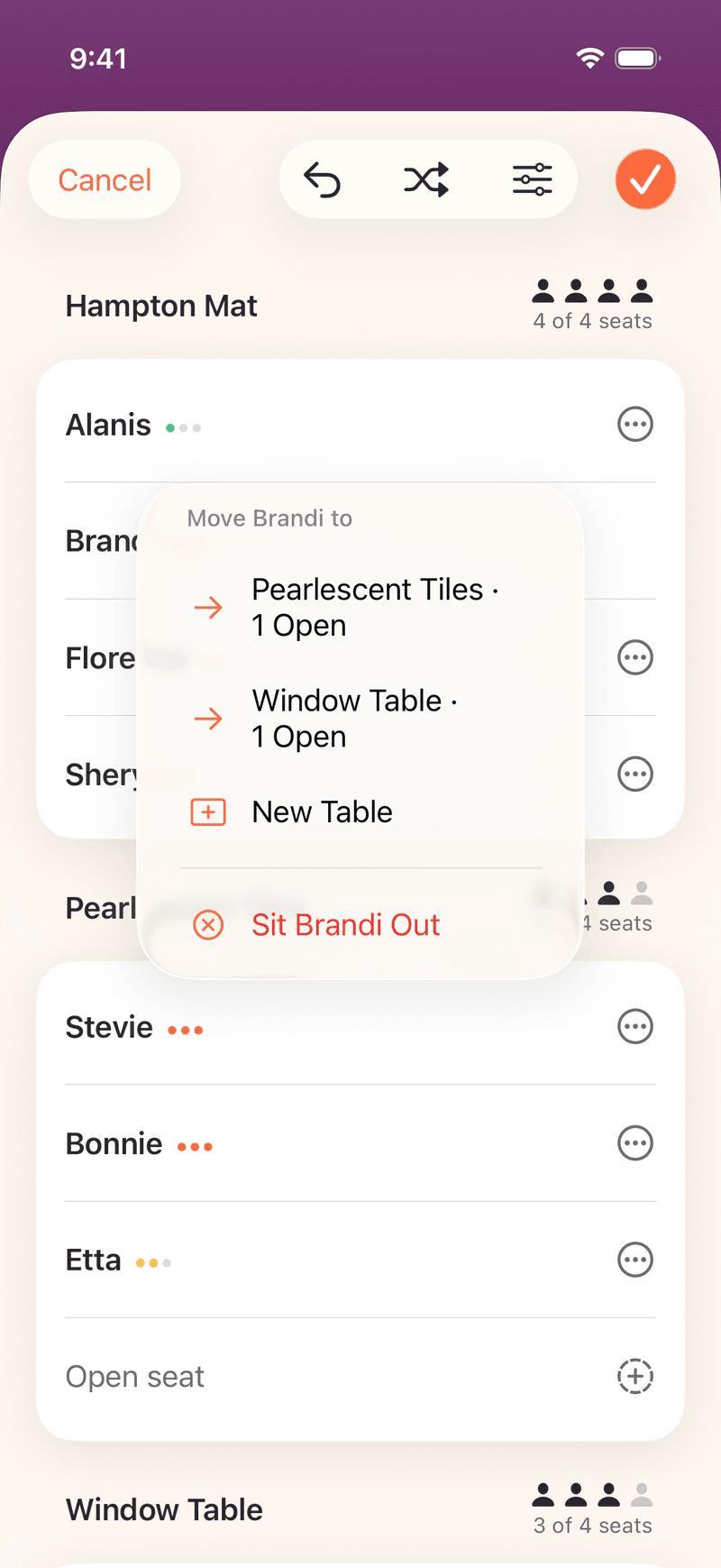 The same screen with a player's menu open — move Brandi to another table with an open seat, start a new table, or sit her out