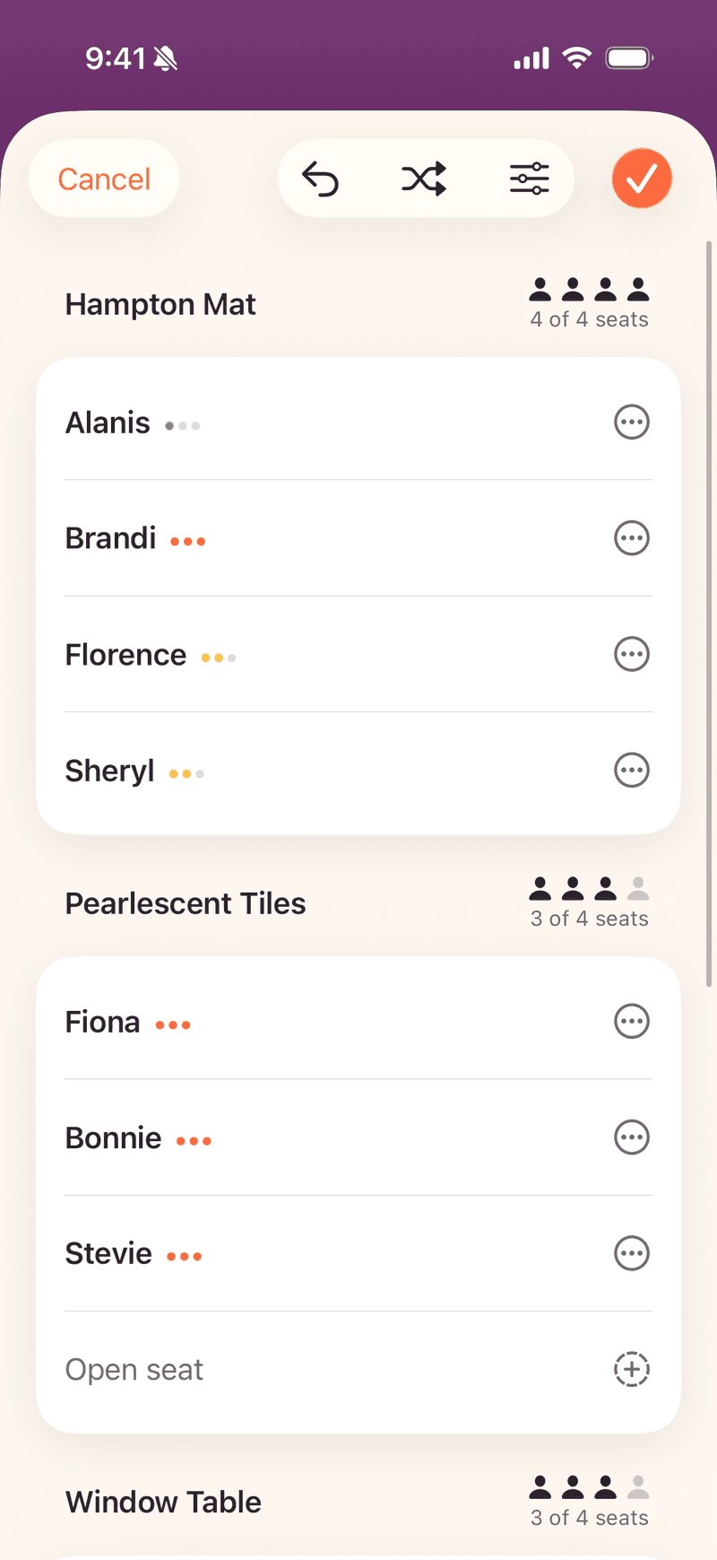 Mahjboard table seating — players grouped into named tables, open seats marked, built for the night in one tap