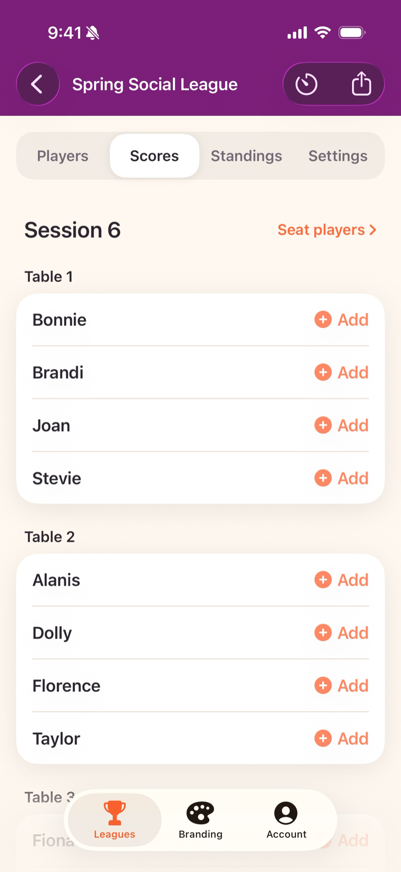 Mahjboard session organized by table — each table's players ready for score entry