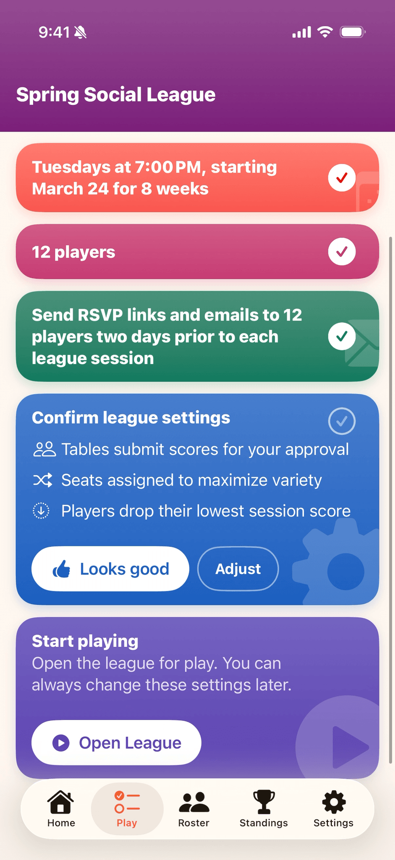 The end of Mahjboard's league setup — every setting summarized in plain language, with Looks good and Adjust before the league opens