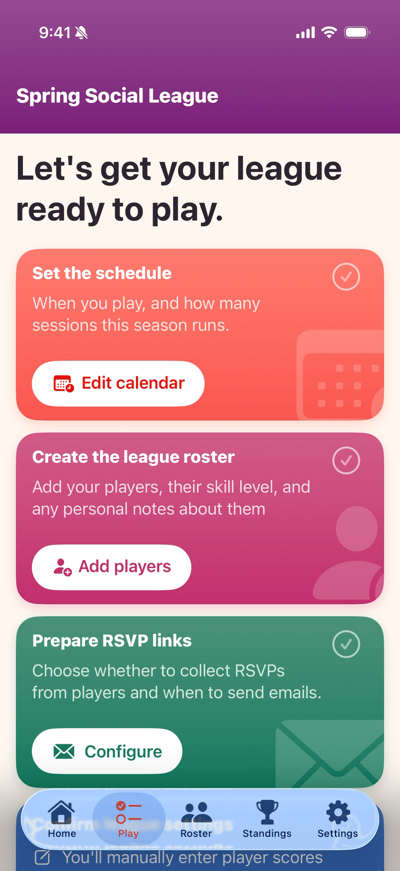 Mahjboard league setup — Set the schedule, Create the league roster, and Prepare RSVP links, each an open card with its own action