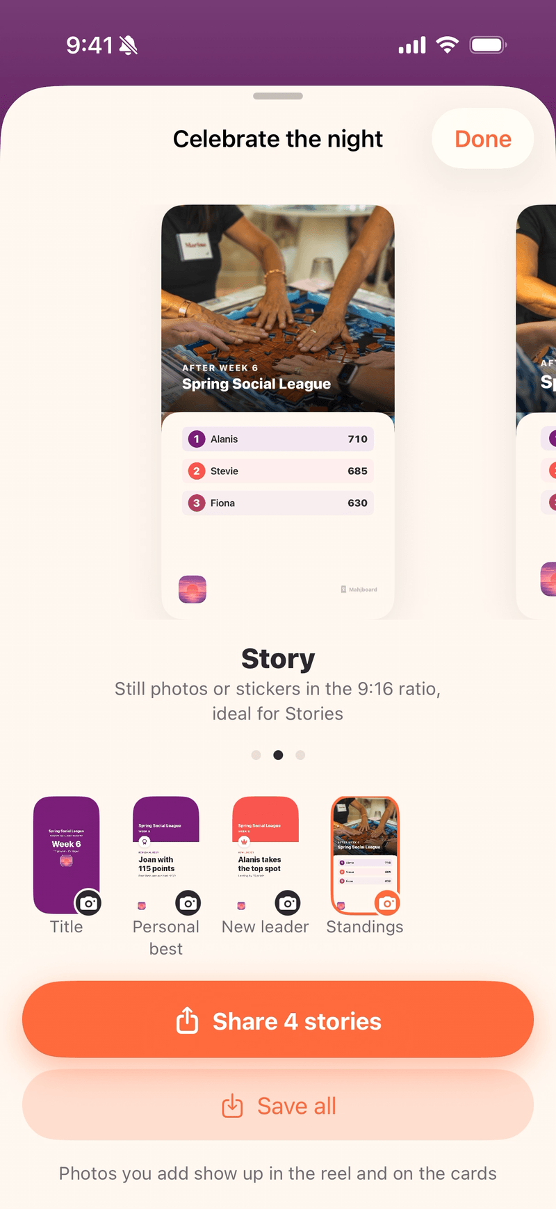 Mahjboard's Celebrate sheet on the Story card — a photo from the night with the top three scores laid over it, and Share 4 stories below