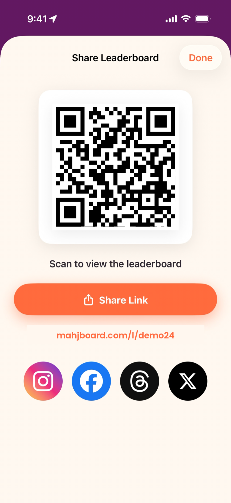 Mahjboard share sheet — QR code and public leaderboard link to send to players