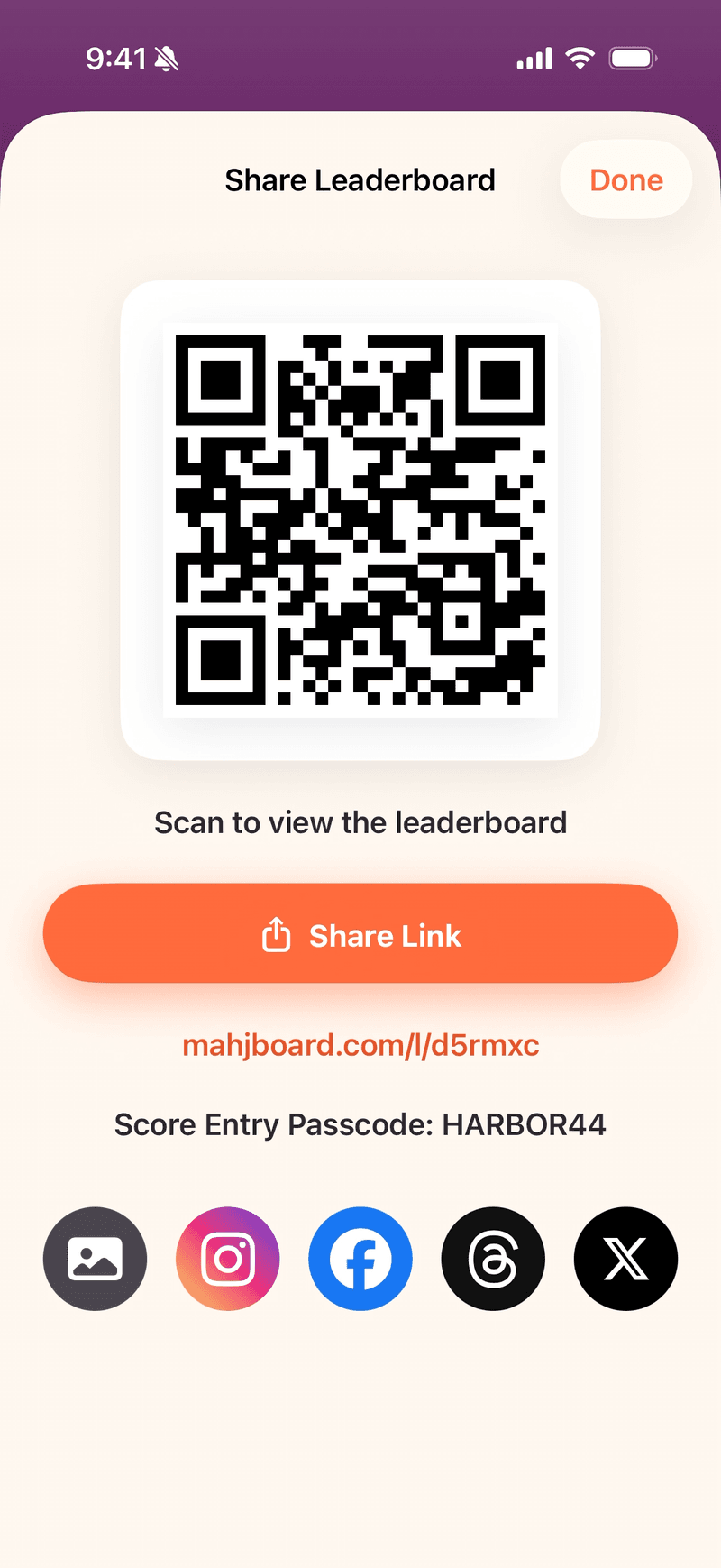Mahjboard share sheet — QR code and public leaderboard link to send to players