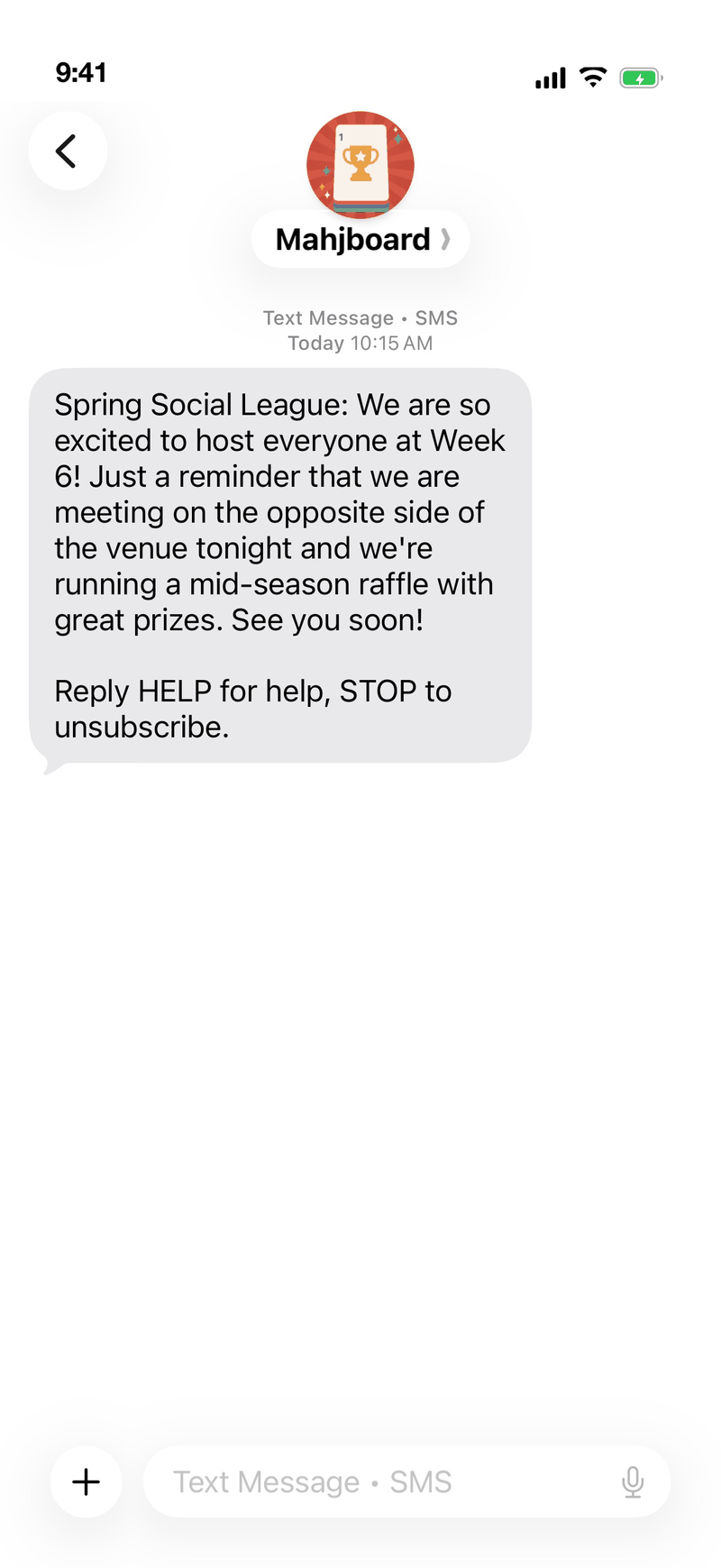 The same message arriving as a text on a player's phone, sent from the organizer's own Mahjboard number rather than their personal one